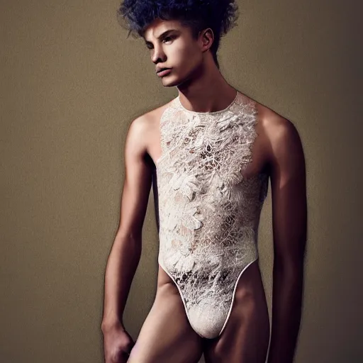 Prompt: a portrait of a beautiful young male wearing an alexander mcqueen bodysuit made of silk lace , photographed by andrew thomas huang, artistic