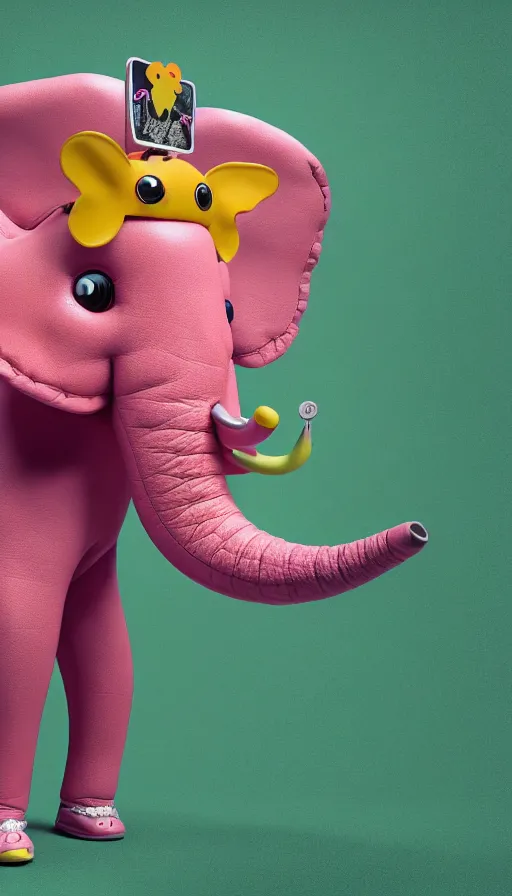 Prompt: A pink elephant with a piercing in his trunk wearing a orange green mohawk and a leather jacket on which a mouse is printed. perfectly-centered-photograph of a pink elephant, film still, dynamic action pose, insane detail, intricate, highly detailed, Zeiss Lens, DSLR photography, smooth, sharp focus, Unreal Engine 5, Octane Render, Redshift, 8K