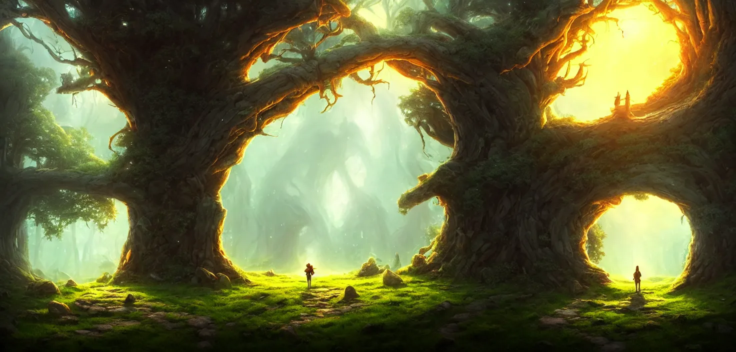 Prompt: fantasy magical fairytale portal in the forest round stone portal teleport in trees to other worlds fantastic landscape, cinematic view, epic sky, detailed, concept art, low angle, high detail, warm lighting, volumetric, godrays, vivid, beautiful, trending on artstation, by jordan grimmer, huge scene, grass, art greg rutkowski