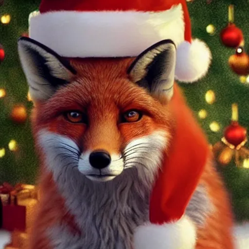 Prompt: perfectly-centered-Portrait-full-shot of a fox, wearing a santa hat, sitting next to a christmas tree, intricate, elegant, super highly detailed, professional digital painting, artstation, concept art, smooth, sharp focus, no blur, no dof, extreme illustration, Unreal Engine 5, 8K, art by artgerm and greg rutkowski and alphonse mucha and loish and WLO