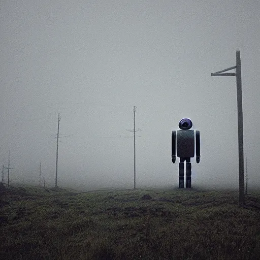 Image similar to the liminal observer droid by dennis mejillones, in a brutalist yet rural landscape by simon stalenhag, 3 5 mm film photography, dawn, eerie fog