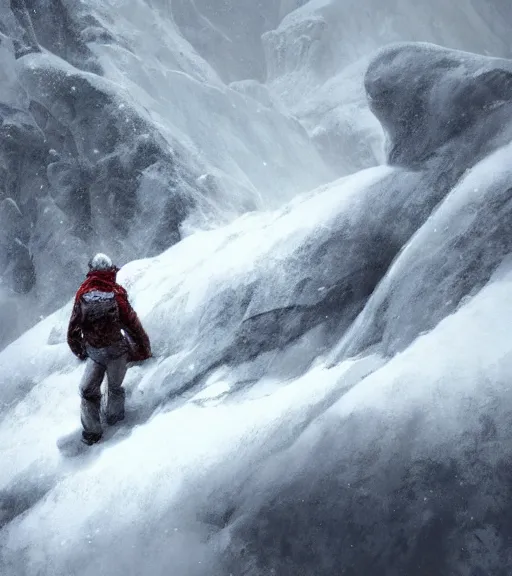 Image similar to a climber climbs a snowy mountain in a storm, close view, painting by craig mullins, octane rendering, soft morning lighting, wide angle lens, in the style of hayao miyazaki, trending on artstation,