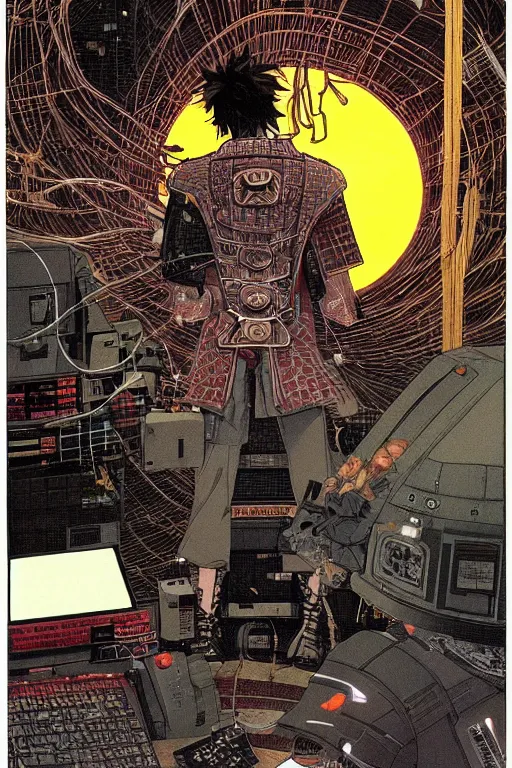 Image similar to beautiful hyperdetailed cyberpunk anime illustration of a male samurai lying in the lab with wires and cables coming out of his head and back, by moebius, masamune shirow and katsuhiro otomo