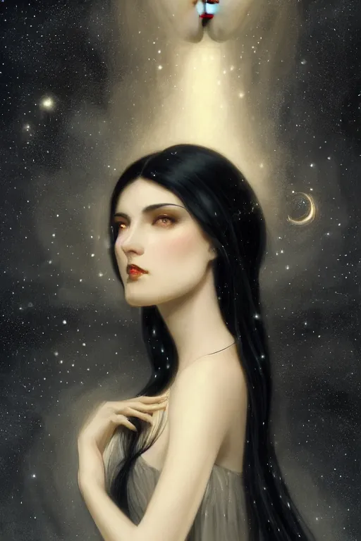 Prompt: Nocturne, glowing, stars, a long-legged elegant evil woman, long black hair, pearl amulet, highly detailed, mysterious, ethereal, dressed in black velvet, haute couture, illustration, dramatic lighting, soft details, painting, by Edmund Blair Leighton, Brom, Charlie Bowater, trending on artstation, faces by otto schmidt