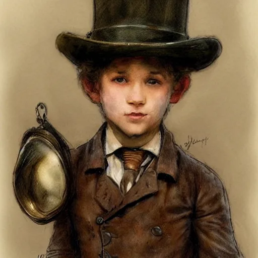 Prompt: ((color sketch)) by Jean-Baptiste Monge !!!!!!!!!!!!!!!!!!!!!!!!!!!!!!!!!!!!! (((((((((((((portrait of boy dressed as steampunk detective wearing leather gloves . muted colors.)))))))))))))