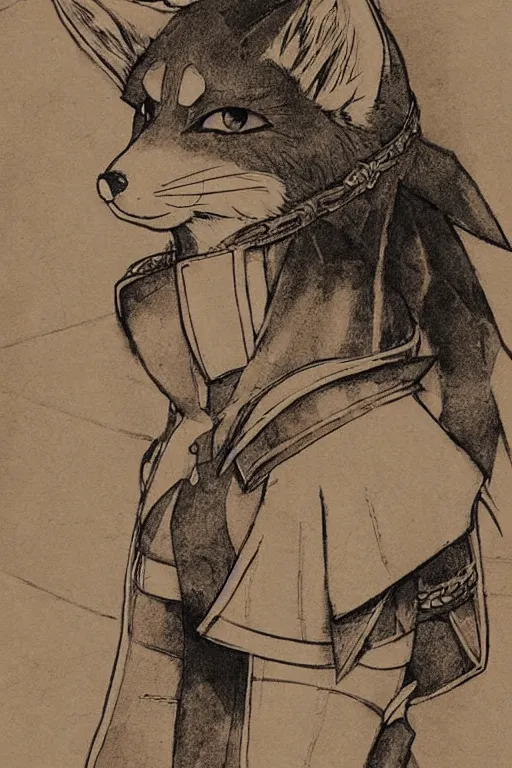 Image similar to manga art of an anthropomorphic medieval fox, half - tone, trending on pixiv, by paru itagaki