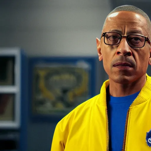 Image similar to gus fring in a royal blue varsity jacket with yellow sleeves, still from breaking bad