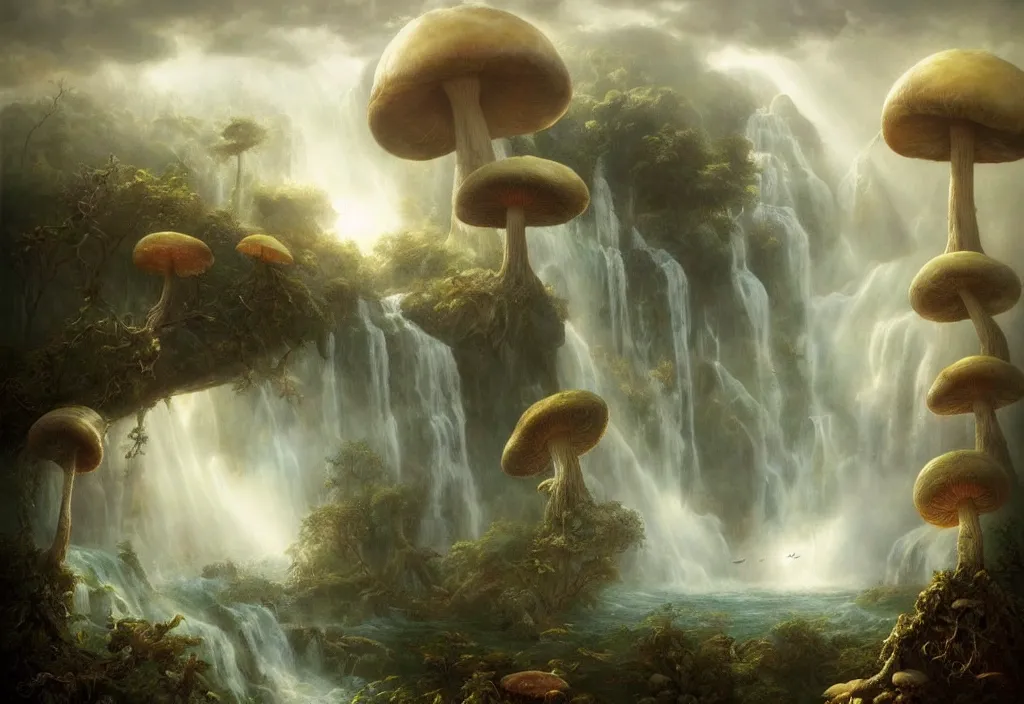 Prompt: floating lands in-clouds, foggy, volumetric fog, flying whales, sun beams, blooming, bird flocks!!, giant mushrooms, waterfalls, lianas and roots; by Tom Bagshaw, Ivan Shishkin, Hans Thoma, Asher Brown Durand