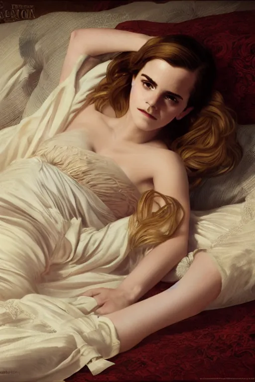 Prompt: Emma Watson lying on the bed in sleepwear, medium shot, intricate, elegant, highly detailed, digital painting, volumetric light, artstation, concept art, smooth, sharp focus, illustration, art by Gil Elvgren and Greg Rutkowski and Alphonse Mucha, 8K