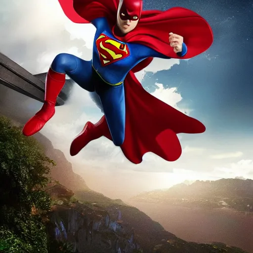 Image similar to a flying superhero catching a child that is falling from a cliff. photorealistic. realism. 4 k wideshot. cinematic. unreal engine. artgerm.