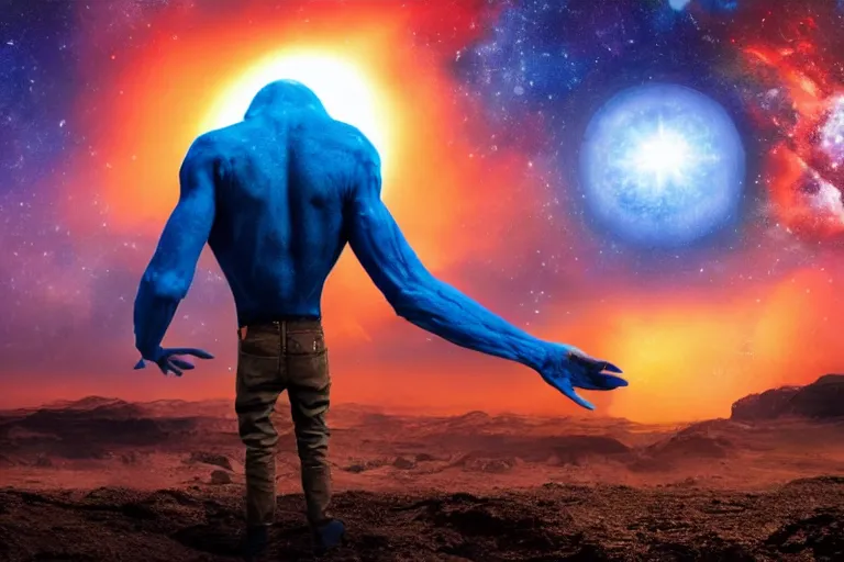 Image similar to a blue alien, faceless, standing on the planet looking at Armageddon, the background is cosmic, high quality