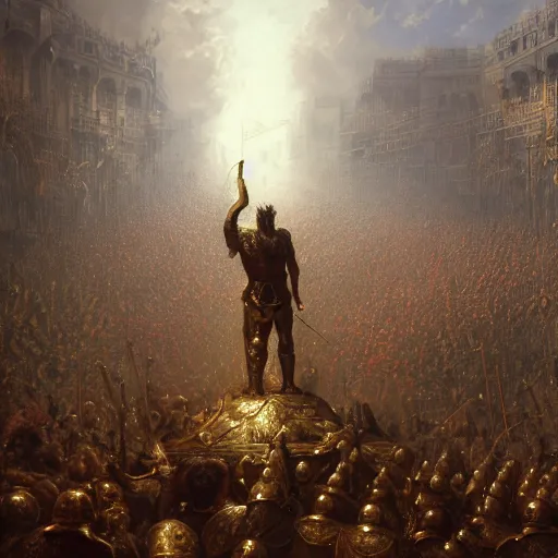 Image similar to artstation concept of a man in armor standing in a crowd gettig cheered, man with arms wide open, bright colorful, gold, hyperdetailed, artstation trending, world renowned artists, worth 1 0 0 0. com, historic artworks society, antique renewel, cgsociety, by greg rutkowski, by gustave dore, deviantart