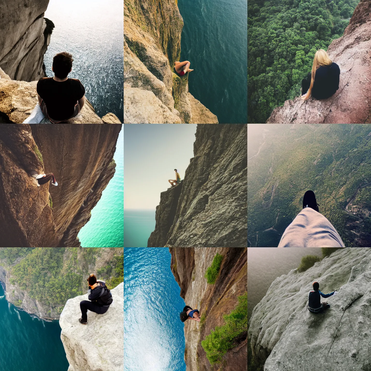 Prompt: looking up at a person sitting on the edge of a cliff