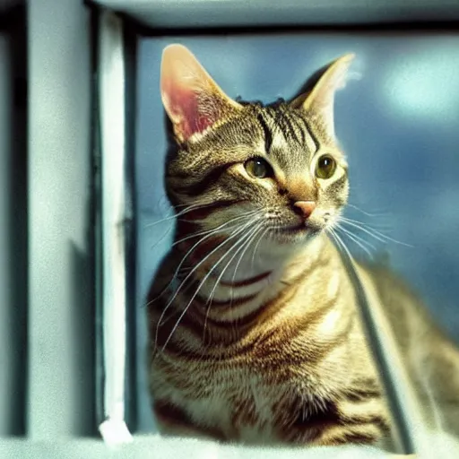 Prompt: a tabby cat looking trought the window, at a nuclear exlosion, realistic photo