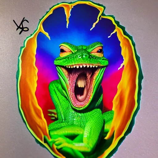 Prompt: president trump is a smiling laughing bright green lizard person, airbrush painting, hyper detailed, 8 k.