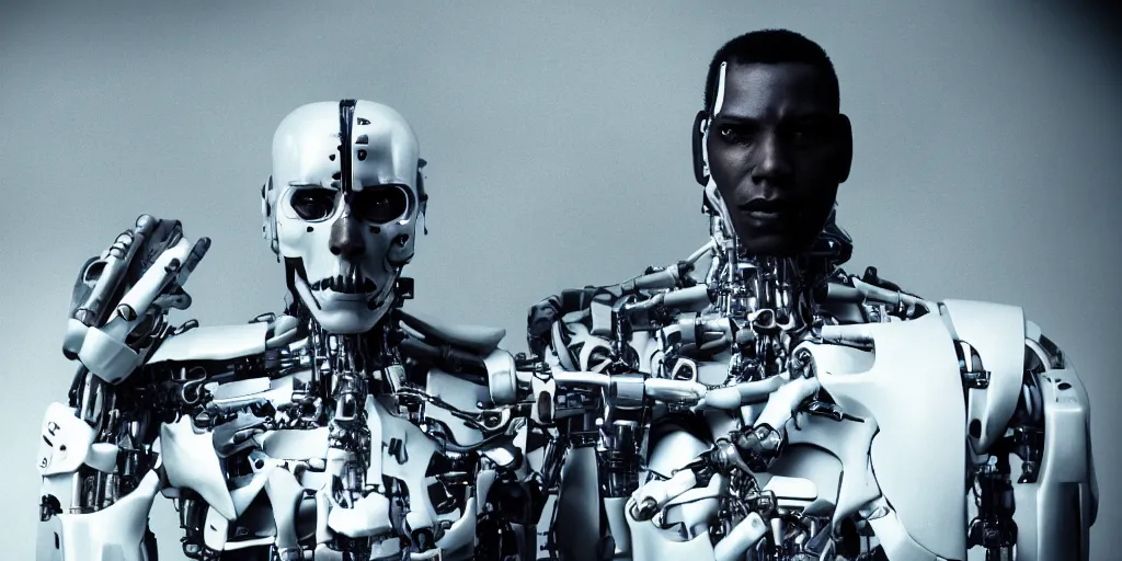 Image similar to a science fiction film still of a black man as a cybernetic cyborg, surrealism, film photography