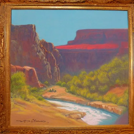 Image similar to landscape meadow flowing into grand canyon, pastel artwork