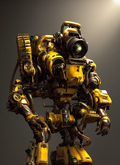 Image similar to a photorealistic dramatic hyperrealistic render of a futuristic exosuit power loader heavy machinery, ultra realistic details, glossy yellow, well worn, rust, oil stains by vitaly bulgarov and mike nash, beautiful dramatic dark moody tones and lighting, cinematic atmosphere, studio lighting, global illumination, shadows, dark background, octane render, 8 k