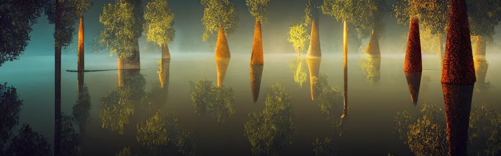 Image similar to fantasy forest of glowing trees and glowing flying insects, a lake reflecting the lights, myst on the air, cinematic feel, hyper realistic, high detail, blender render .