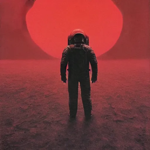 Prompt: astronaut standing in front of a big eerie hell cathedral on a destroyed planet, Zdzisław Beksiński style, black and red background, occult, photo realistic, dark atmosphere