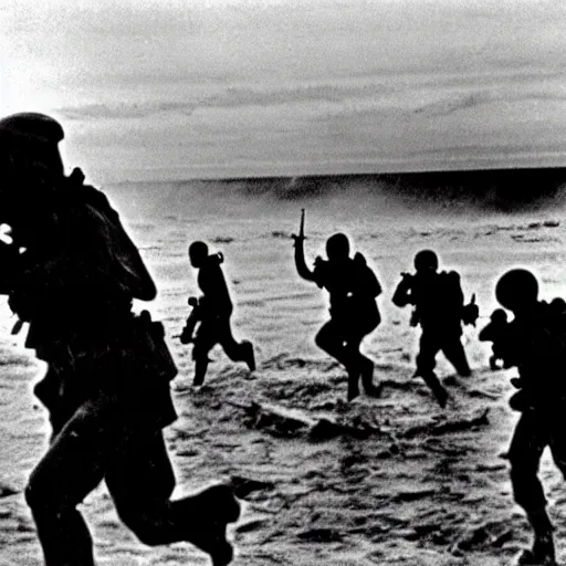 Image similar to the running soldiers in the sea in the d - day, by robert capa,