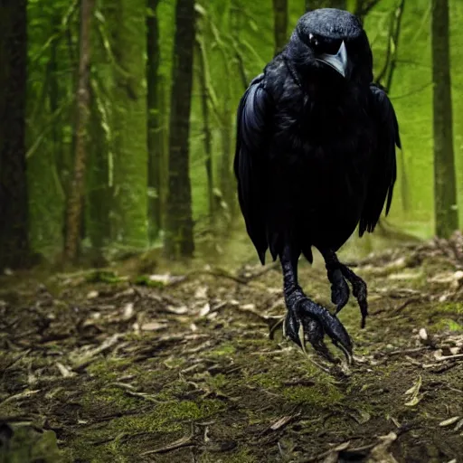 Image similar to werecreature consisting of a crow and a human, werecrow, photograph captured in a dark forest