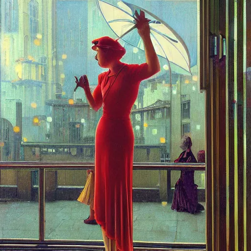 Prompt: retrofuturistic 1 9 3 0 s detailed oil painting of a woman in a window, cyberdeco cloisters, electronic billboards, tech noir, wet reflections, atmospheric, ambient, wlop, livia prima, george tooker, greg rutkowski, gil elvgren, grant wood, alexis flower, hopper, mucha, whistler, norman rockwell, peter max