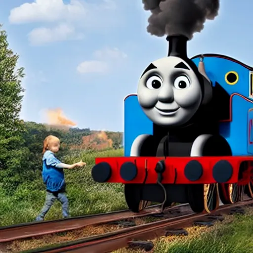 Prompt: thomas the tank engine with the face of greta thunberg, spewing black smoke from his chimney