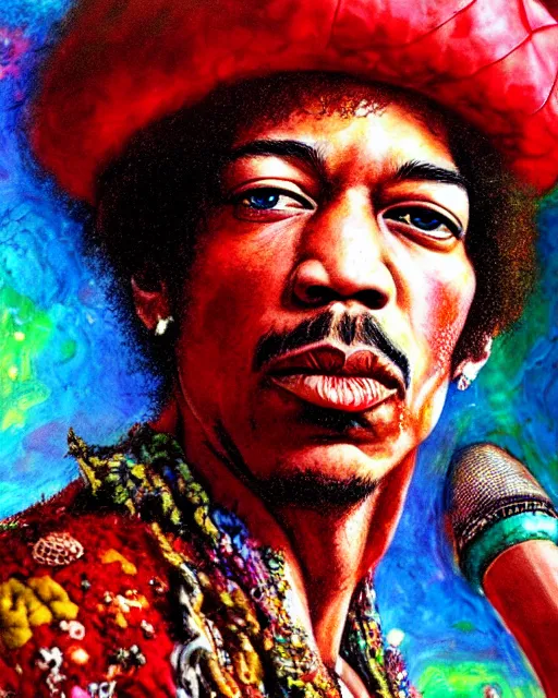 Prompt: highly detailed closeup, of jimi hendrix, dressed in a red mushroom hat and clothes, full face view, on a battlefield, hyper realistic, psychedelic, illustration, digital paint, matte paint, vivid colors, detailed and intricate environment