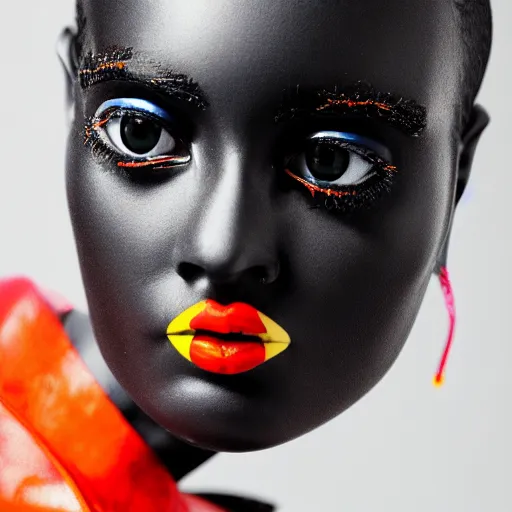 Image similar to close up portrait of extremely beautiful female black marble statue in the style of virgil abloh, colorful motocross logos behind her, sharp focus, clear, detailed,, cinematic, detailed, off white, glamourous, symmetrical, vogue, editorial, fashion, magazine shoot, glossy