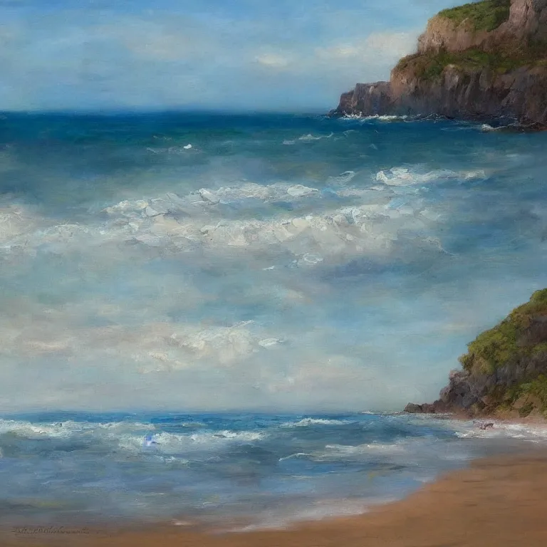 Image similar to a beautiful masterpiece painting of a coastal beach seascape in spring with by juan gimenez, award winning, trending on artstation,