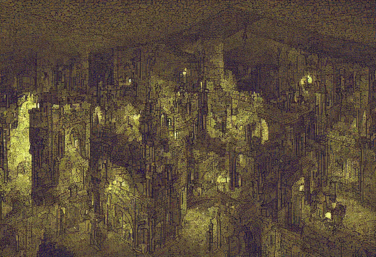 Image similar to inside a castle, night time, 16bits, pixel art, degradation filter, compression, low saturation, crushed colors , chromatic aberration, 2D, flat