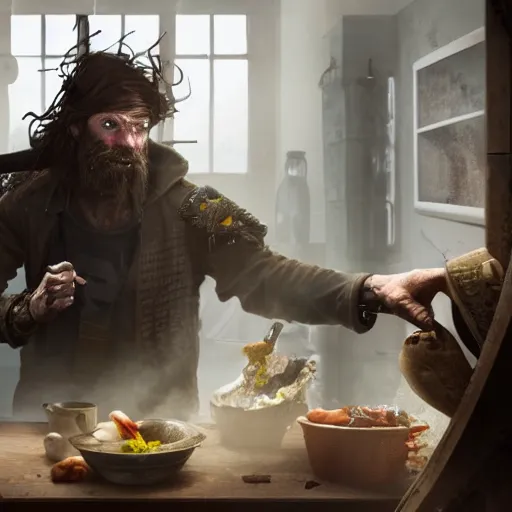 Image similar to a cyberpunk british magical hobo breaks into some ork's kitchen and attacks them, 4 k, detailed, real life photo, sharp focus, photorealistic