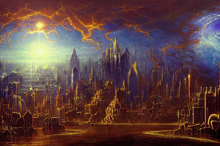 Prompt: miskatonic university big bang cityscape in the style of progressive rock, illuminati, painting by albert bierstadt