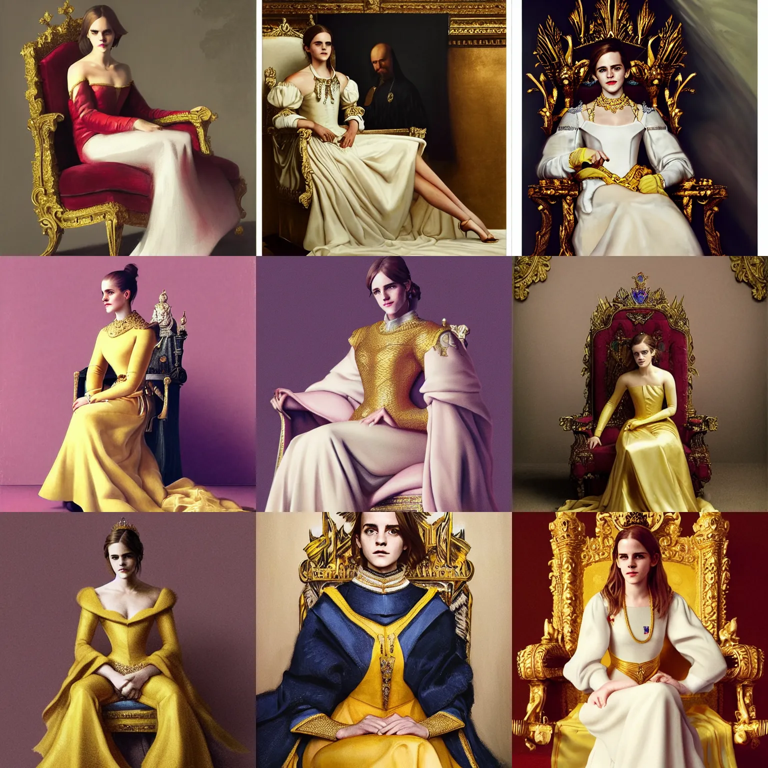 Prompt: model Emma Watson sitting on queens throne royalty wearing royal mantle gold jewelry by moebius and atey ghailan by james gurney by vermeer by George Stubbs trending on artstation