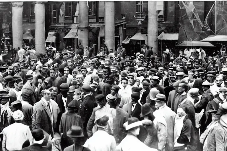 Image similar to a time traveler dressed in a futuristic experimental suit, among a crowd. in a black and white historical picture from 1 9 2 0,