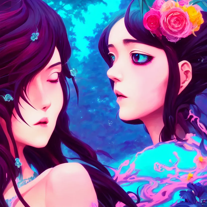 Image similar to side profile macro portrait, cute modern gothic anime girl with synthwave flower background, gloomhaven, colorful swirly retrowave style fantasy portrait, by lois van baarle, sachin teng, greg rutkowski, jesper ejsing, ilya kuvshinov, extremely detailed 4 k,