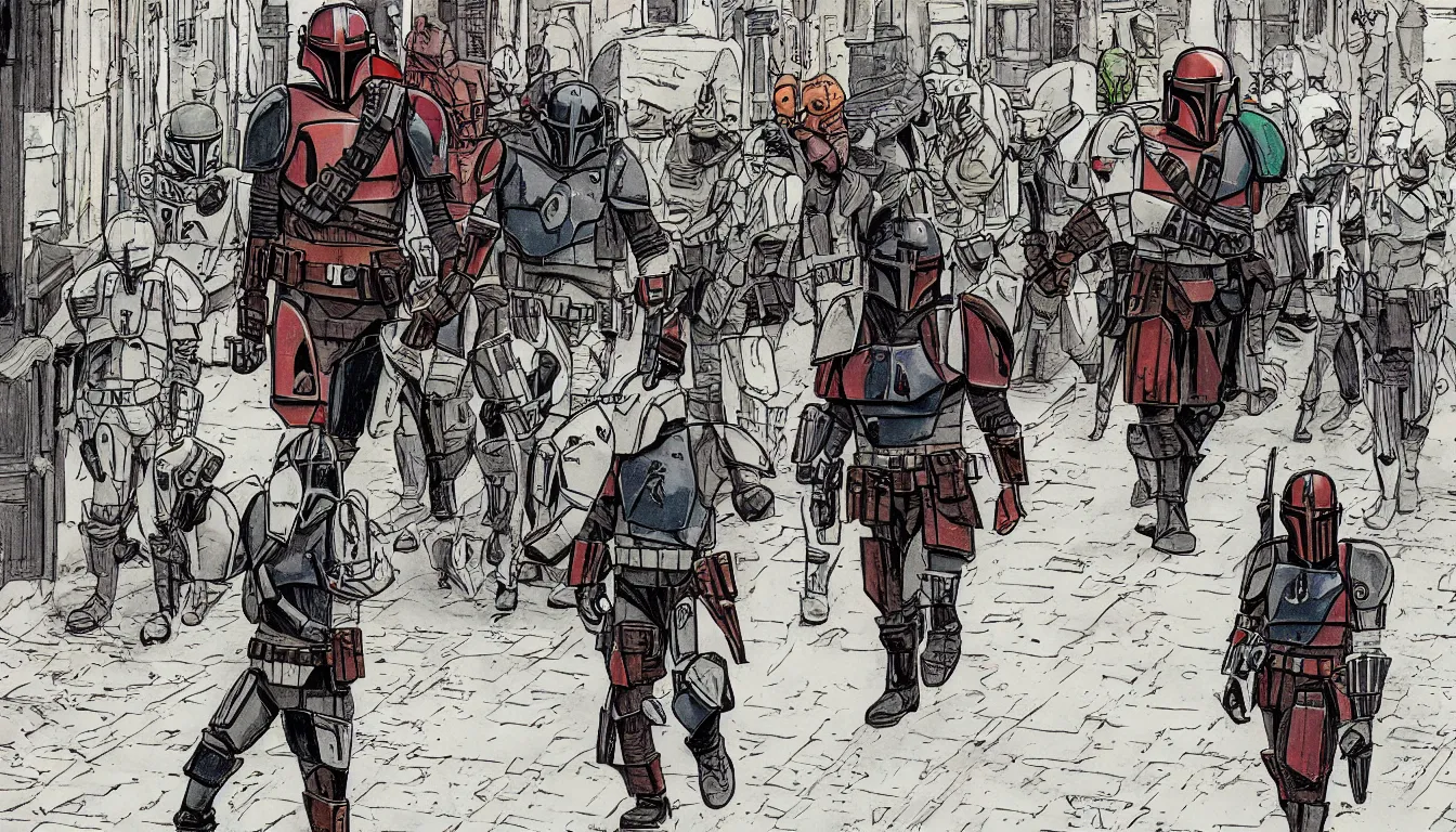 Image similar to single mandalorian walking through the empty streets of england, in style of jim lee