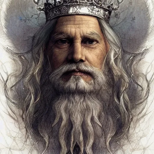 Prompt: ancienct, wise, [ forgetful ] king of faes ( with long, white beard, and celestial crown ), fantasy, whimsical, broad light, light caustics effect, illustration by alan lee, ruan jia and michael komarck, trending on pinterest. com