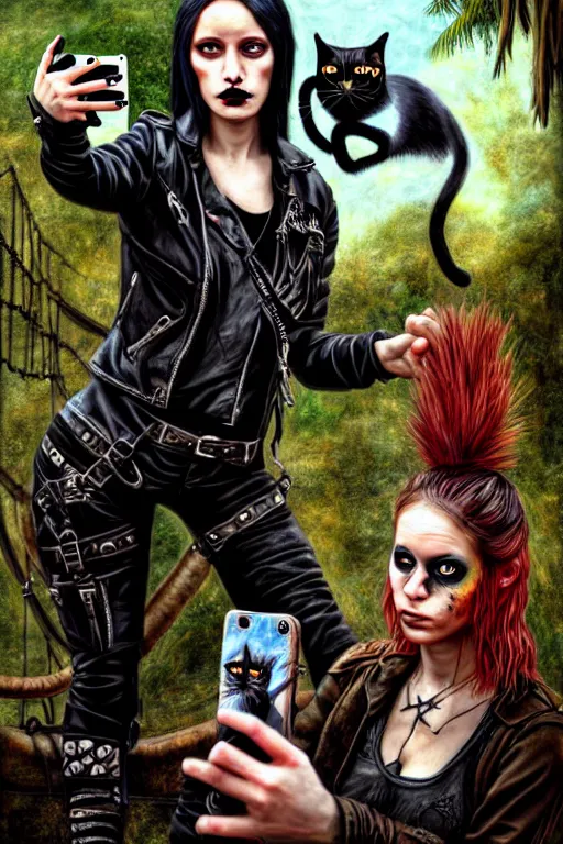 Prompt: punk rock girls making selfie with black cats in jungle , mad max jacket, post apocalyptic, renaissance, highly detailed, digital painting, 4k, oil painting by Leonardo Da Vinci, hyper realistic style, fantasy by Olga Fedorova