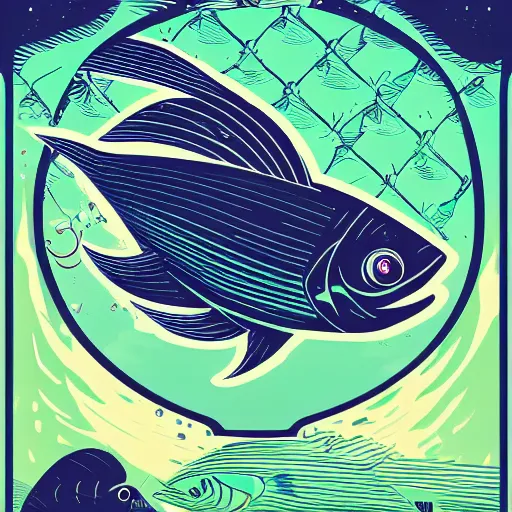 Image similar to profile of one stylized fish in center of view, dark ocean, complex patterns, artstation, intricate, realistic, highly detailed, digital painting, concept art, sharp focus, illustration by tom whalen and charles williams and kilian eng and james jean