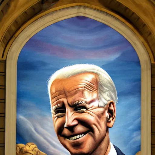 Image similar to a church mural depicting joe biden as a god, 4 k, highly detailed, painted by michelangelo