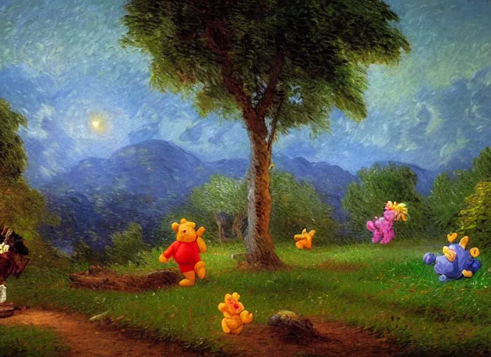 Image similar to romanticism impressionism landscape painting of winnie the pooh characters at night, night time, colorful paper lanterns, string lights, in the style of hudson river school and thomas cole and albert bierstadt and vincent van gogh