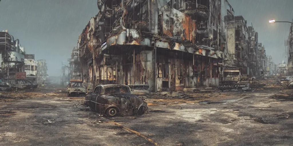 Image similar to wide angle shot of dilapidated fallout 5 tropical coastal city in real life, desolate, dilapidated, empty streets, nightmarish, some rusted retro futuristic fallout vintage style parked cars, overcast, blankets of fog pockets, rain, volumetric lighting, beautiful, daytime, autumn, sharp focus, ultra detailed, cgsociety