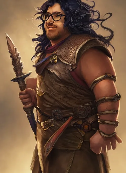 Prompt: chubby male with black wavy hair and glasses, dndbeyond, bright, colourful, realistic, dnd character portrait, full body, pathfinder, pinterest, art by ralph horsley, dnd, rpg, lotr game design fanart by concept art, behance hd, artstation, deviantart, hdr render in unreal engine 5