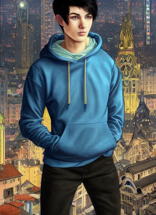 Image similar to handsome young man with short black hair, glowing light blue eyes, pale skin, wearing jeans and a black hoodie, detailed night time cityscape background, realistic painting by ross tran and gerald brom and alphonse mucha, ilya kuvshinov, svetlana tigai, artgerm, trending on artstation