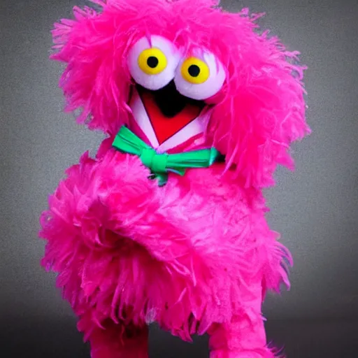 Prompt: hot pink feather boa muppet