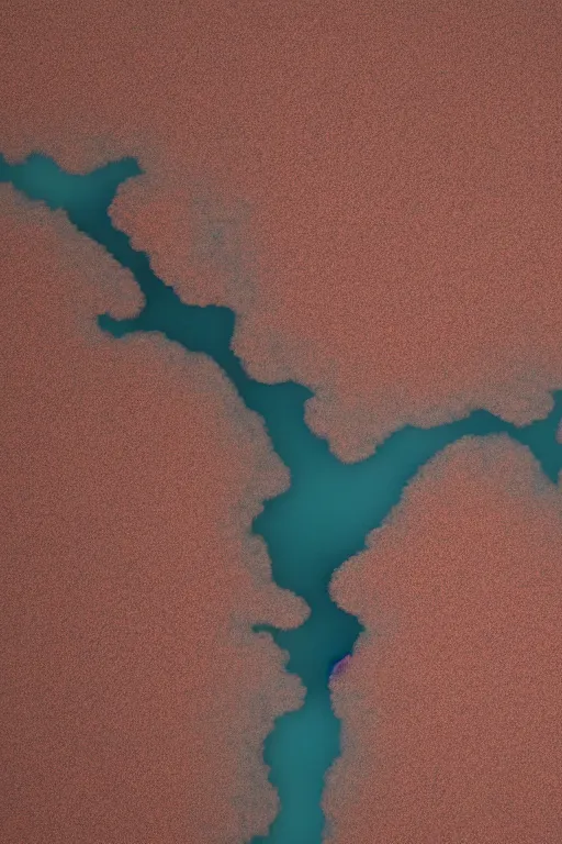 Image similar to realistic full height 7 0 mm cinematic flat rothko picture stunning river delta aerial top view highly detailed intricate particle simulation in houdini of scottish highlands by denis villeneuve and george steinmetz and hiroshi yoshida, hazy morning foggy, distant rainstorm, hyperrealism, red brown muted colours, matte painting, trending on artstation, 4 k detailed post processing, rendered in octane