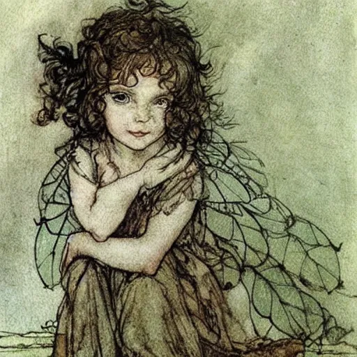 Prompt: a cute little girl fairy with a mischievous face and short brown wavy curly hair. well composed, clean elegant painting, beautiful detailed face. art by arthur rackham