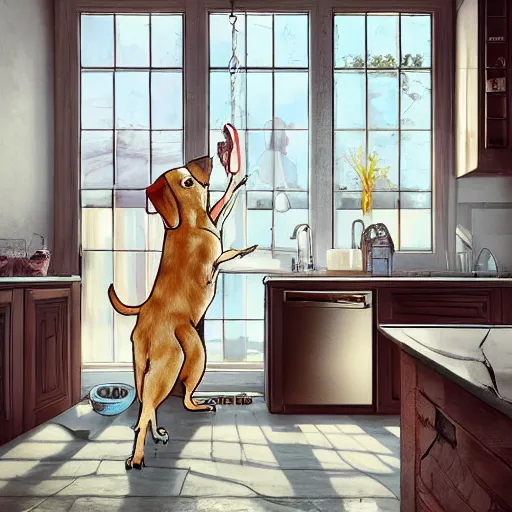 Prompt: a bored dog doing the dishes in the kitchen, very detailed and sharp photorealistic image, artstation, cinematic lighting